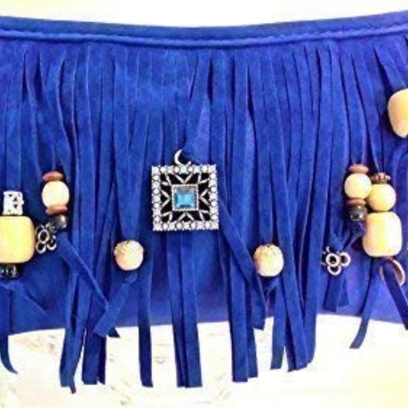 Fringed CROSSBODY BLUE Purse Clutch w Chain Charm Enamel Flower Charm - Picture 10 of 13